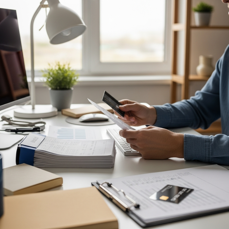 Person looking at financial documents and calculating debt payoff strategies.